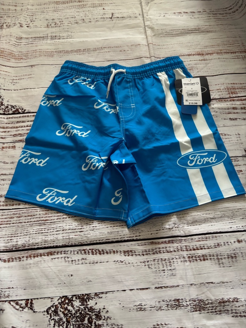 Ford Men’s Bright Blue Athletic Swim Shorts with White Stripes